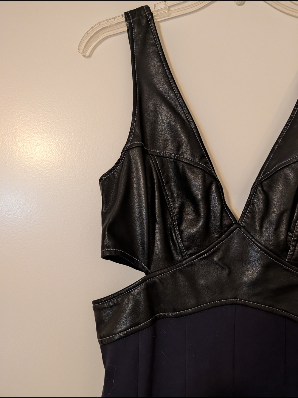 Vegan Leather/Mixed Media Cutout Midi Dress - Navy/Black- Anthropologie - Picture 4 of 13